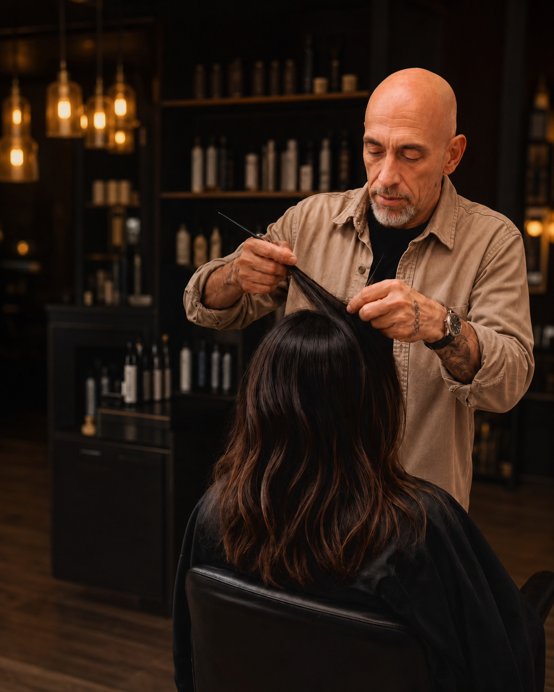 Fernando Benitez trabajando personalmente el cabello de una clienta